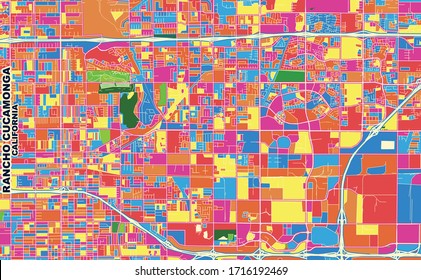 Mapa vectorial colorido de Rancho Cucamonga, California, Estados Unidos. Plantilla de Mapa de Arte para autoimprimir arte en formato paisajístico.