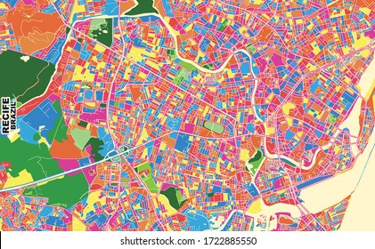 Colorido mapa vectorial de Recife, Brasil. Plantilla de Mapa de Arte para autoimprimir arte en formato paisajístico.