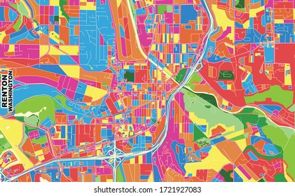 Colorful vector map of Renton, Washington, USA. Art Map template for selfprinting wall art in landscape format.