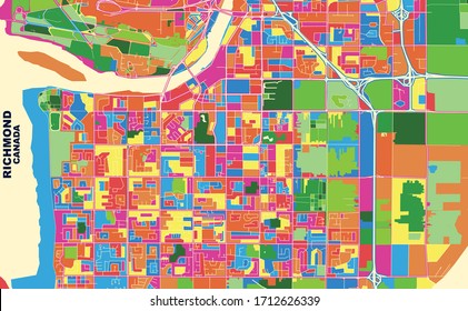 Colorful vector map of Richmond, British Columbia, Canada. Art Map template for selfprinting wall art in landscape format.
