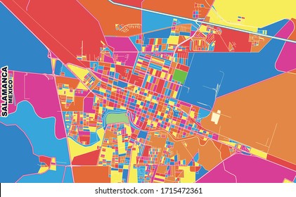 Colorful vector map of Salamanca, Guanajuato, Mexico. Art Map template for selfprinting wall art in landscape format.