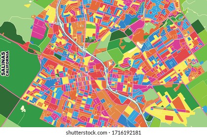 Colorful vector map of Salinas, California, USA. Art Map template for selfprinting wall art in landscape format.