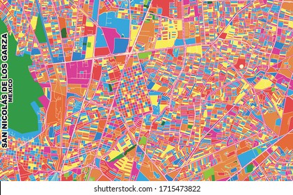 Colorful vector map of San Nicolás de los Garza, Nuevo León, Mexico. Art Map template for selfprinting wall art in landscape format.