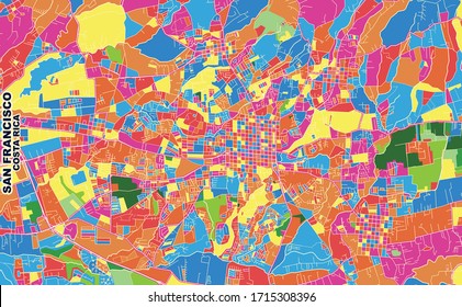 Colorful vector map of San Francisco, Heredia, Costa Rica. Art Map template for selfprinting wall art in landscape format.