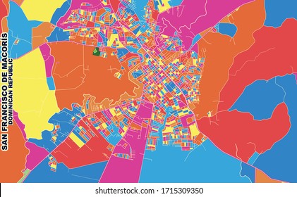 Colorful vector map of San Francisco de Macorís, Duarte, Dominican Republic. Art Map template for selfprinting wall art in landscape format.