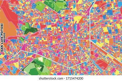 Mapa vectorial colorido de San Luis Potosí, San Luis Potosí, México. Plantilla de Mapa de Arte para autoimprimir arte en formato paisajístico.