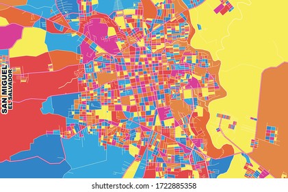 Colorful vector map of San Miguel, San Miguel, El Salvador. Art Map template for selfprinting wall art in landscape format.