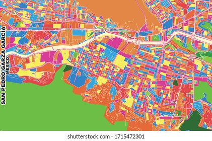 Colorful vector map of San Pedro Garza García, Nuevo León, Mexico. Art Map template for selfprinting wall art in landscape format.