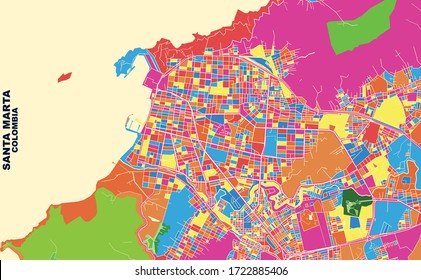 Colorido mapa vectorial de Santa Marta, Colombia. Plantilla de Mapa de Arte para autoimprimir arte en formato paisajístico.