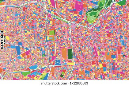 Colorful vector map of Santiago, Chile. Art Map template for selfprinting wall art in landscape format.