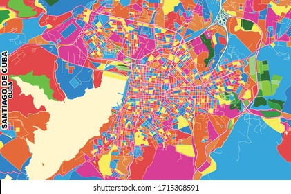 Colorful vector map of Santiago de Cuba, Santiago de Cuba, Cuba. Art Map template for selfprinting wall art in landscape format.