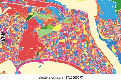 Colorful vector map of Santos, Brazil. Art Map template for selfprinting wall art in landscape format.