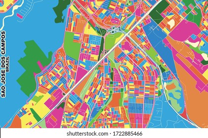 Colorful vector map of Sao Jose dos Campos, Brazil. Art Map template for selfprinting wall art in landscape format.