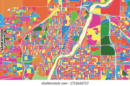 Colorful vector map of Saskatoon, Saskatchewan, Canada. Art Map template for selfprinting wall art in landscape format.