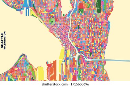 Farbige Vektorillustration Karte von Seattle, Washington, U.S.A. Art Map Vorlage für selbstdruckende Wandkunst im Landschaftsformat.