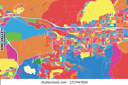 Colorful vector map of Simi Valley, California, USA. Art Map template for selfprinting wall art in landscape format.