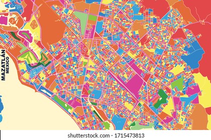 Mapa vectorial colorido de Mazatlán, Sinaloa, México. Plantilla de Mapa de Arte para autoimprimir arte en formato paisajístico.