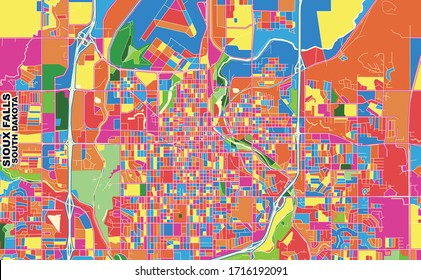 Colorful Vector Map Of Sioux Falls, South Dakota, USA. Art Map Template For Selfprinting Wall Art In Landscape Format.