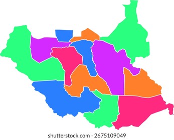 Eine farbenfrohe Vektorkarte des Südsudan, in der jeder Staat anders gefärbt ist. Perfekt für Datenvisualisierung, Berichte und Infografiken, die regionale Klarheit benötigen.

