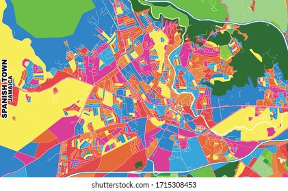 Colorful vector map of Spanish Town, Saint Catherine, Jamaica. Art Map template for selfprinting wall art in landscape format.
