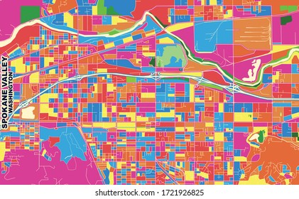 Farbige Vektorkarte von Spokane Valley, Washington, USA. Art Map Vorlage für selbstdruckende Wandkunst im Landschaftsformat.