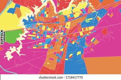 Colorful vector map of Suffolk, Virginia, USA. Art Map template for selfprinting wall art in landscape format.