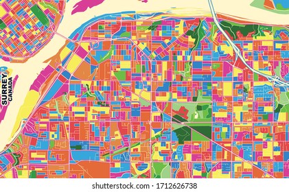 Colorful vector map of Surrey, British Columbia, Canada. Art Map template for selfprinting wall art in landscape format.