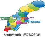 A colorful vector map of Sweden highlighting major cities and administrative regions.