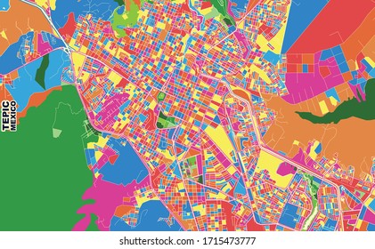 Colorful vector map of Tepic, Nayarit, Mexico. Art Map template for selfprinting wall art in landscape format.