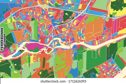 Colorful vector map of Terrebonne, Quebec, Canada. Art Map template for selfprinting wall art in landscape format.