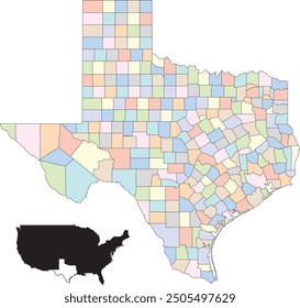 Colorful vector map of Texas, highlighting the state's different counties