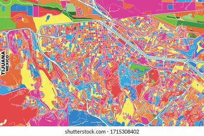 Colorful Vector Map Of Tijuana, Baja California, Mexico. Art Map Template For Selfprinting Wall Art In Landscape Format.