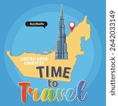 Colorful vector map of UAE highlighting Burj Khalifa. Vibrant typography and modern design elements enhance travel theme