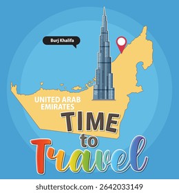 Colorful vector map of UAE highlighting Burj Khalifa. Vibrant typography and modern design elements enhance travel theme