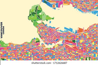 Colorful vector map of Vancouver, British Columbia, Canada. Art Map template for selfprinting wall art in landscape format.