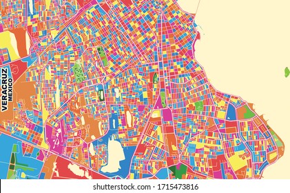 Colorful vector map of Veracruz, Veracruz, Mexico. Art Map template for selfprinting wall art in landscape format.