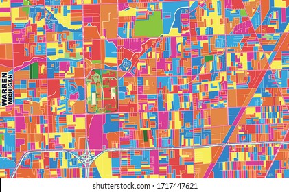 Colorful vector map of Warren, Michigan, USA. Art Map template for selfprinting wall art in landscape format.