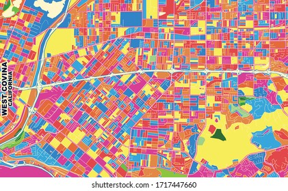 Colorful vector map of West Covina, California, USA. Art Map template for selfprinting wall art in landscape format.