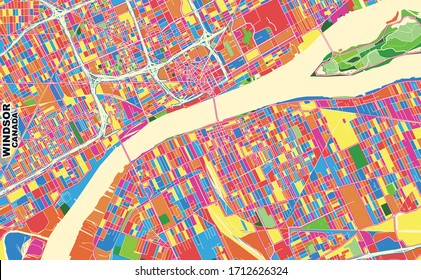 Mapa vectorial colorido de Windsor, Ontario, Canadá. Plantilla de Mapa de Arte para autoimprimir arte en formato paisajístico.