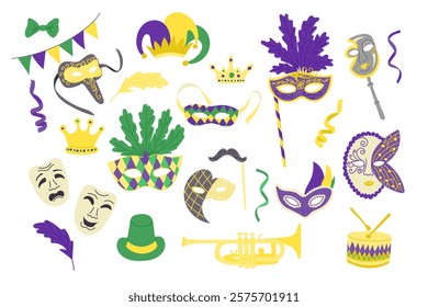 Colorful vector Mardi Gras illustrations including masks, crowns, and musical elements, emphasizing festive and celebratory themes, perfect for carnival designs. Hand drawn sticker collection