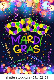 Colorful vector Mardi Gras poster and flyer template with carnival masks, serpentine and confetti on dark blue background