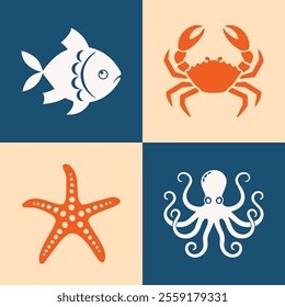 A colorful vector marine creatures icon set showing fish, crab, starfish, and octopus on bold split-tone backgrounds