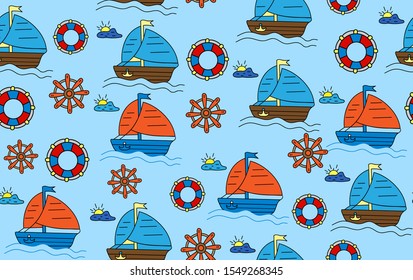 colorful vector marine seamless background with sailboats, lifebuoys and steering wheels