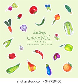 Colorful vector  marker pen drawn vegetable and fruits. Organic food card design.  