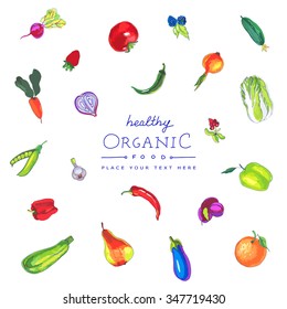 Colorful vector  marker pen drawn vegetable and fruits. Organic food card design.  