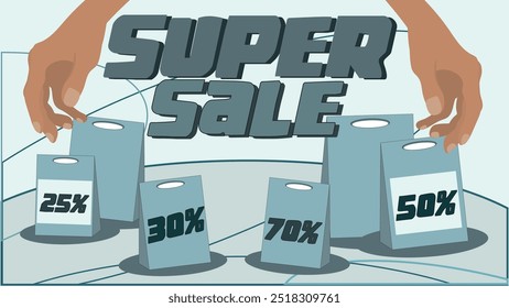 Fondo colorido de las mega ventas del Vector con las manos de los bolsos de papel y con las figuras abstractas en el fondo, diseño estupendo de la Plantilla de la venta del Vector 25%, 30,% 50%, 70% 0ff, oferta especial grande de las ventas