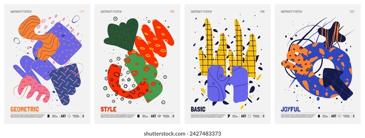 Colorful vector minimalistic Posters with bizarre abstract geometric unusual shapes and forms with different textures in matisse style, Hand drawn modern wall art with aesthetic naive figures, set 5