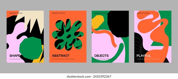 Colorful vector minimalistic Posters with bizarre abstract geometric unusual shapes and forms with different textures in matisse style, Modern wall art with aesthetic naive figures.