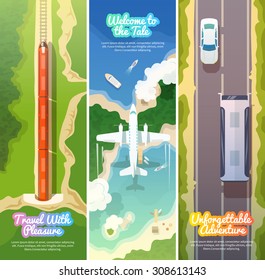 Colorful vector modern flat banners set. Quality design illustrations, elements and concept. Flying airplane. Train. Bus. Vertical banners.