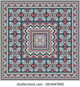 Colorful vector mosaic rug with abstract ethnic geometric ornaments. Carpet ornamental pattern